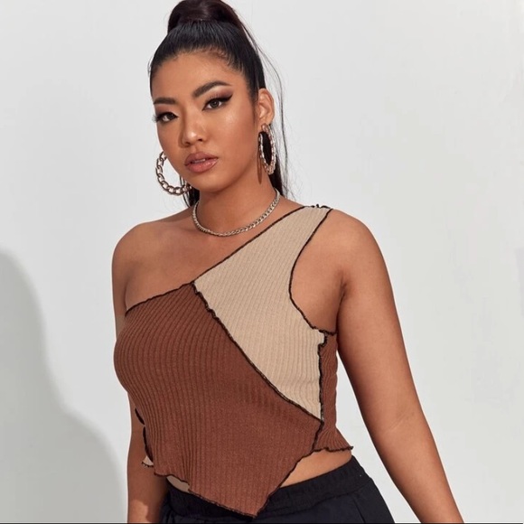 NEW| One Shoulder Contrast Stitch Colorblock Top - Picture 4 of 6